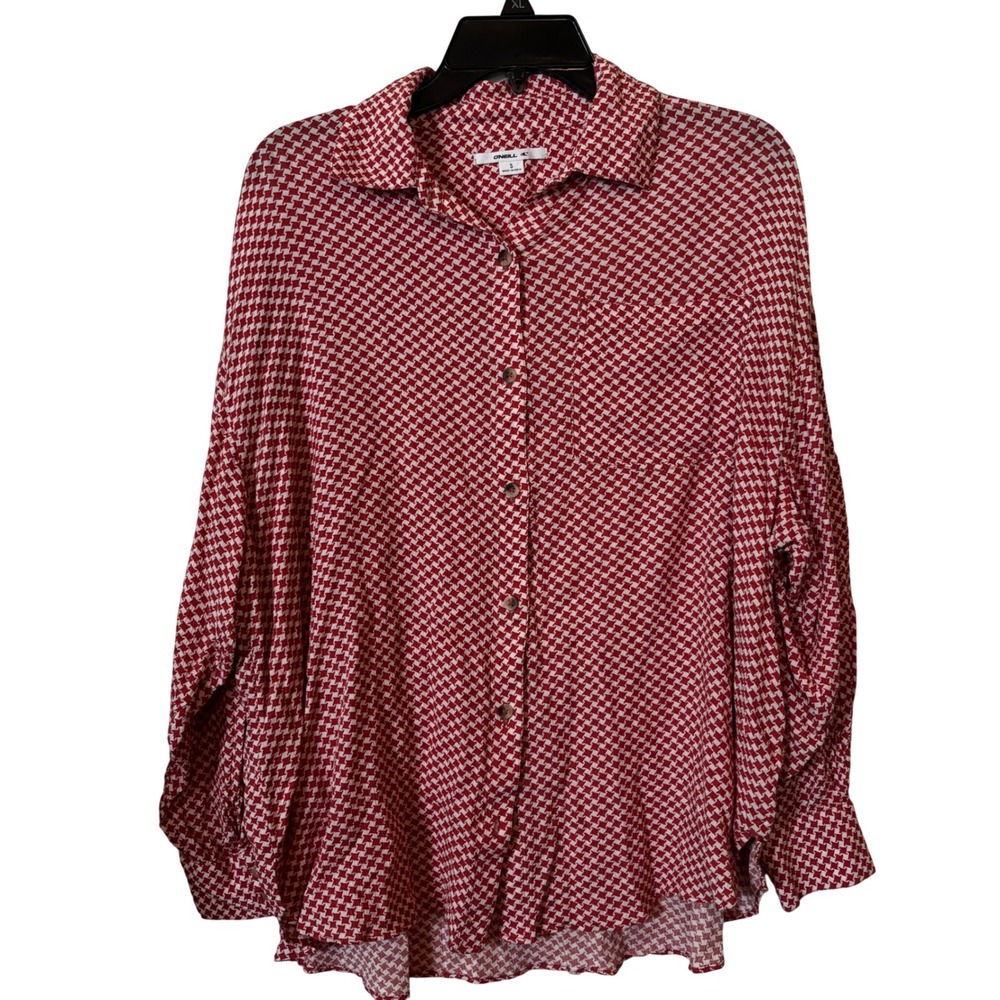 O'Neill Mens Button Down Shirt S Red White Houndstooth Long Sleeve Casual Preppy